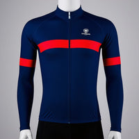 Men’s Navy Long Sleeve Cycling Jersey Pro Fit Bike Shirt with Red Stripe Design